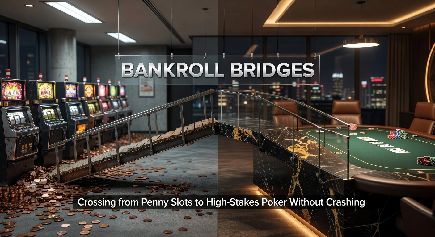 A player at a vibrant casino, transitioning from colorful penny slot machines to a tense high-stakes poker table, symbolizing careful bankroll progression