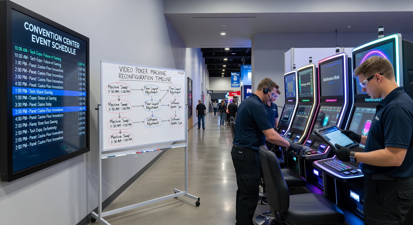 Technicians performing video poker machine updates during overnight resort operations