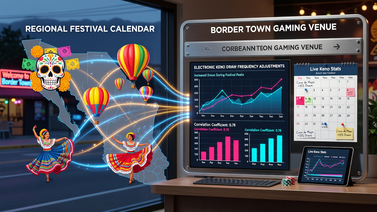 Border town casino exterior during a regional festival with electronic keno terminals visible inside