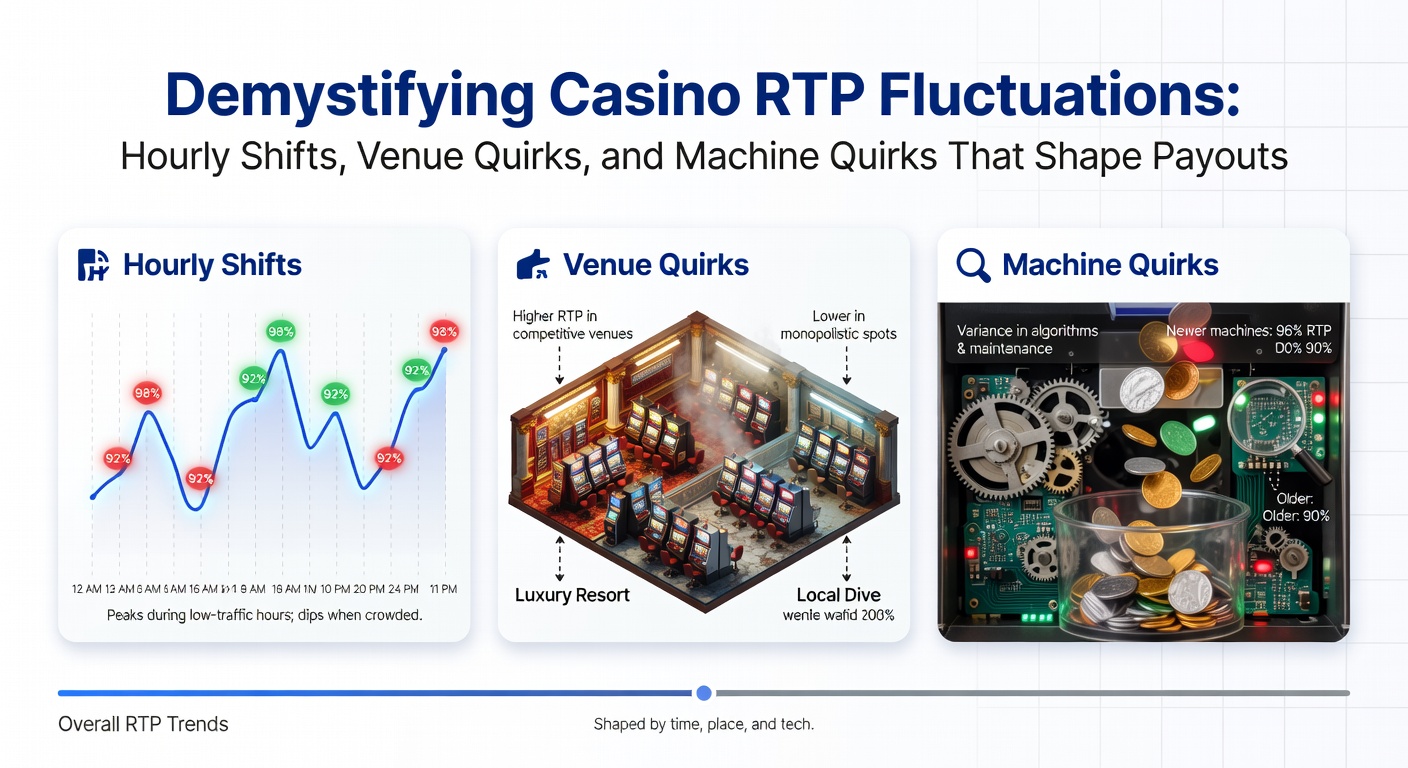 Rows of vibrant slot machines in a bustling casino floor, lights flashing and screens displaying jackpots and RTP indicators