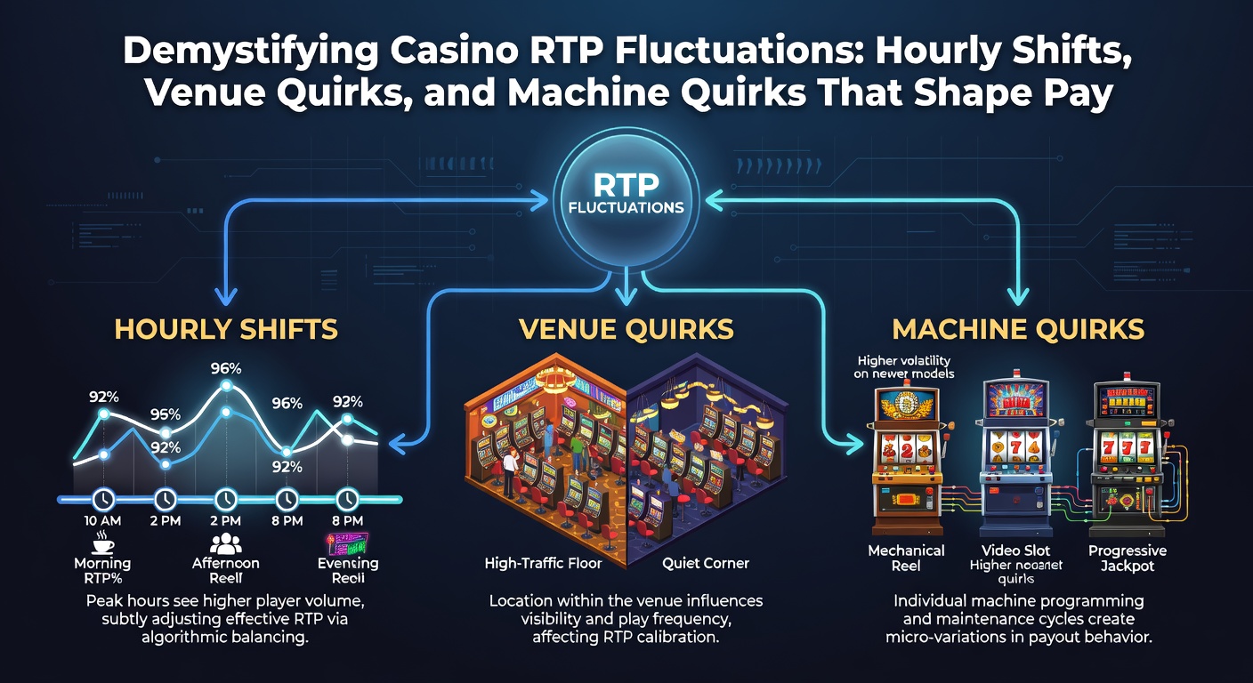 Close-up of a slot machine screen showing a payout sequence, with RTP certification badge visible and casino floor blurred in background