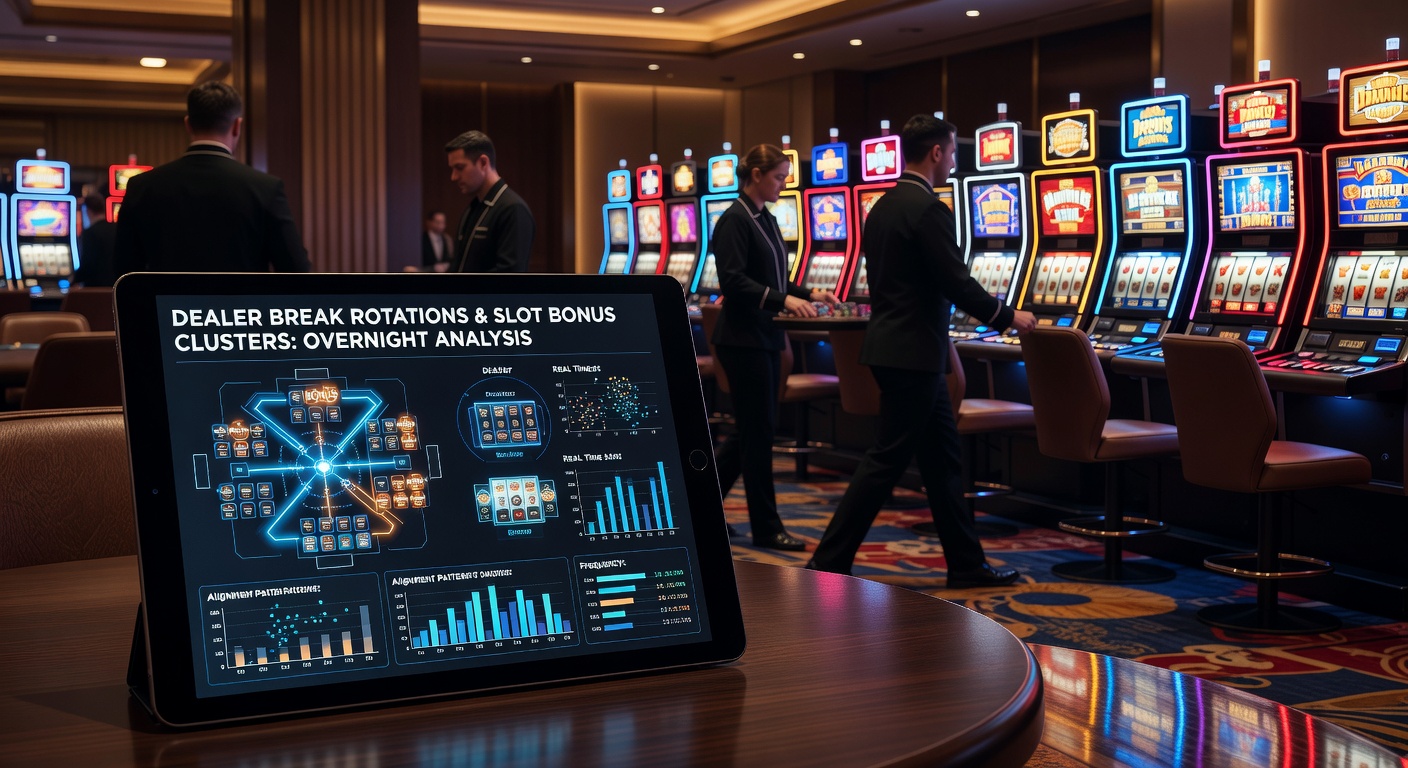 Casino floor layout showing dealer stations near slot machine banks during overnight operations