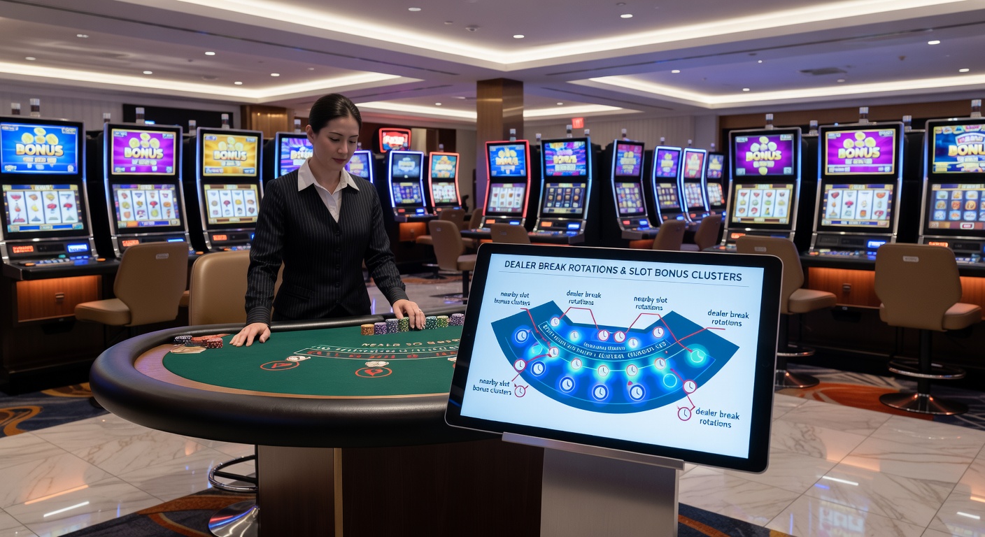 Overnight casino scene with dealer break areas and illuminated slot bonus displays