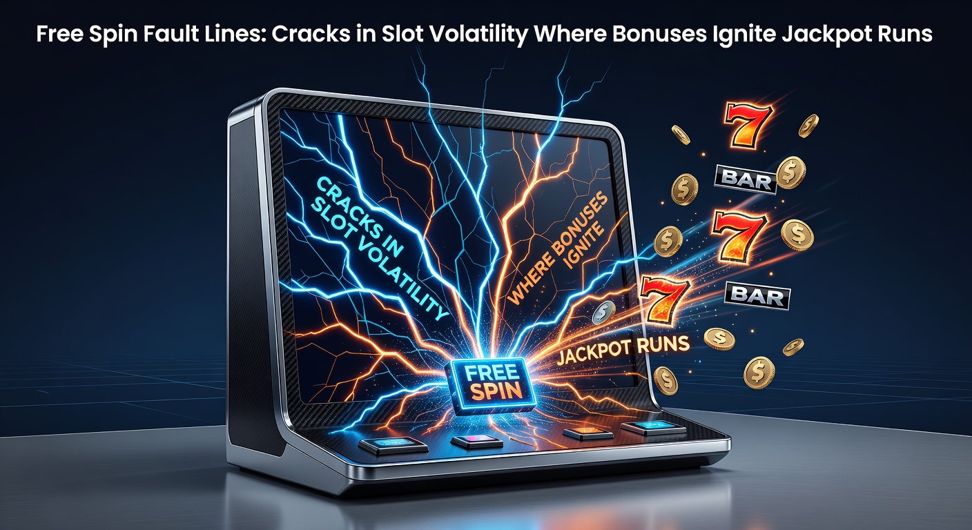 Digital illustration of glowing fault lines cracking through a slot machine reel, symbolizing volatility breaks during free spins that trigger bonus cascades and jackpots