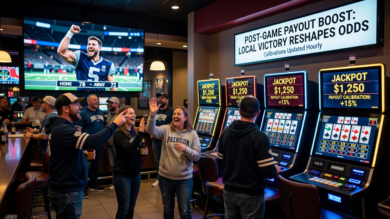 Casino floor with video poker machines and sports fans celebrating after a game