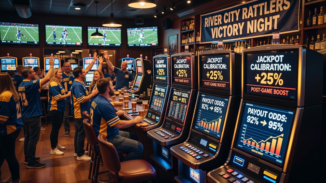Video poker machines with digital displays showing payout adjustments after evening sports events