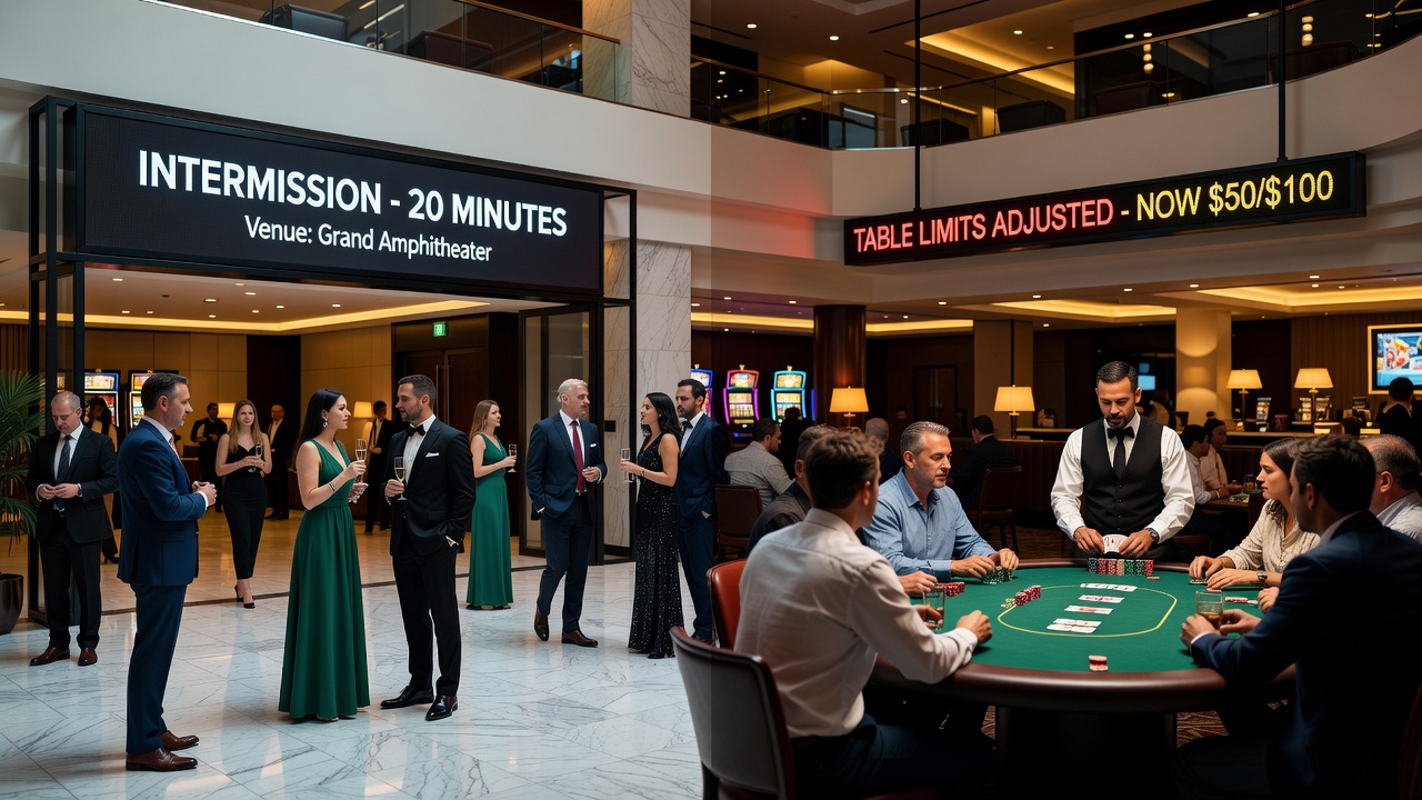Interior view of an integrated resort showing a theater entrance connected to adjacent poker room areas with visible table signage