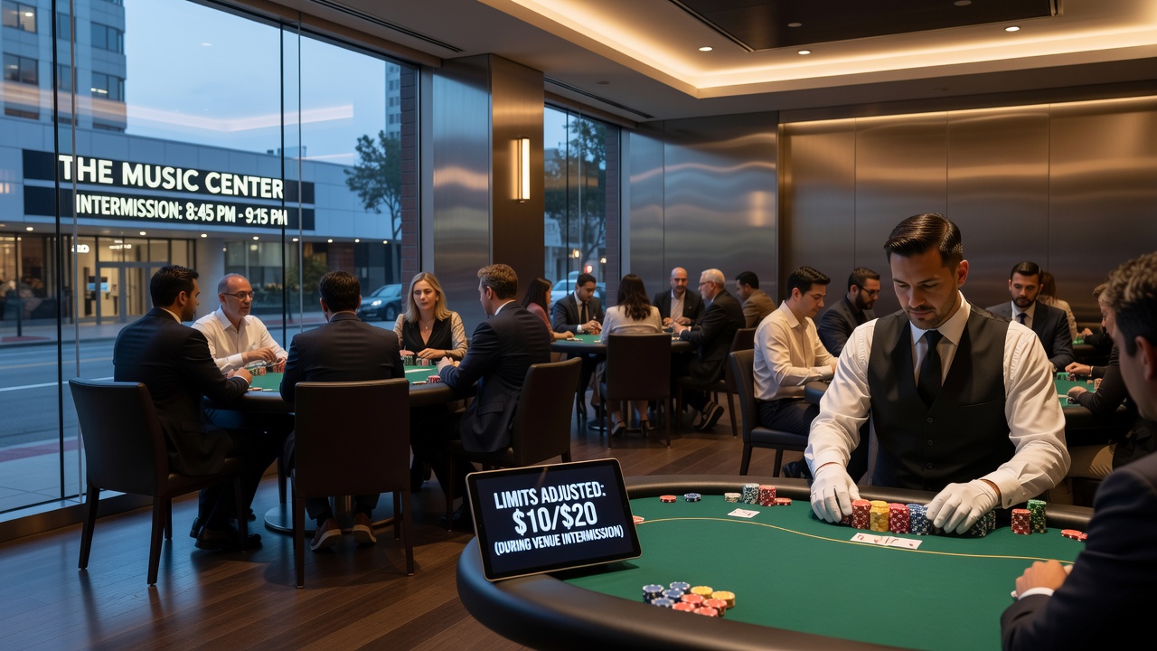 Poker tables in an integrated resort with digital limit displays and staff adjusting signage near a performance venue exit