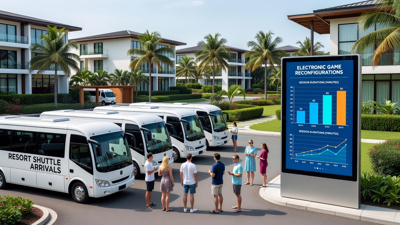 Shuttle buses arriving at a resort complex entrance with electronic gaming areas visible in the background