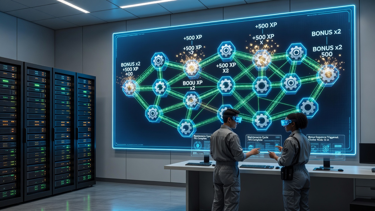 Technician performing server maintenance on gaming network while bonus progressives display active status on connected terminals