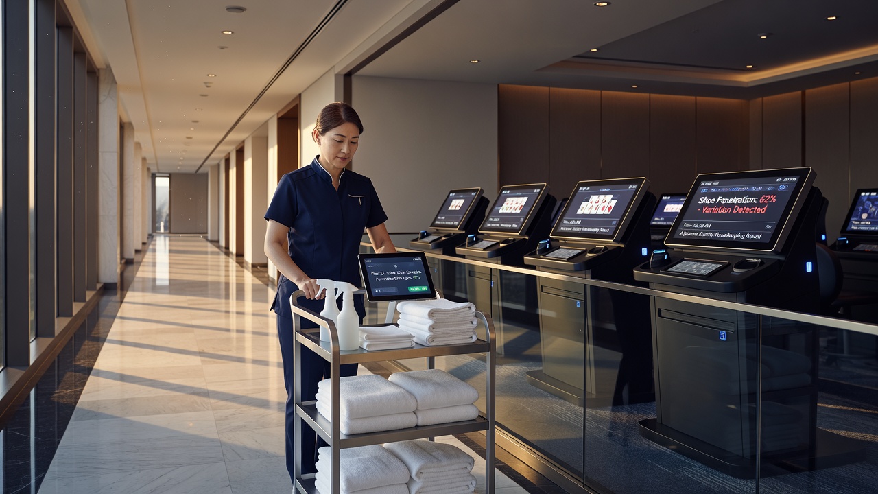 Casino floor layout showing electronic blackjack tables near housekeeping pathways during early morning operations