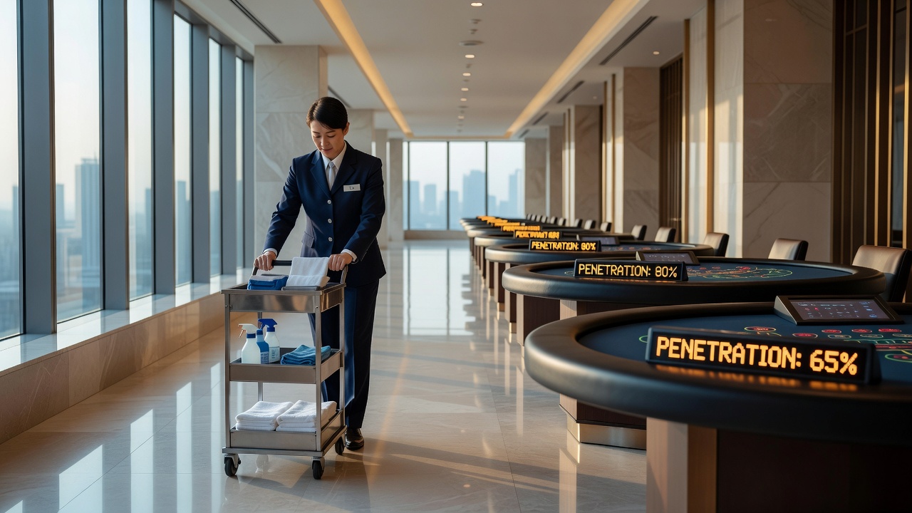 Electronic blackjack shoe interface displaying penetration metrics alongside casino maintenance logs
