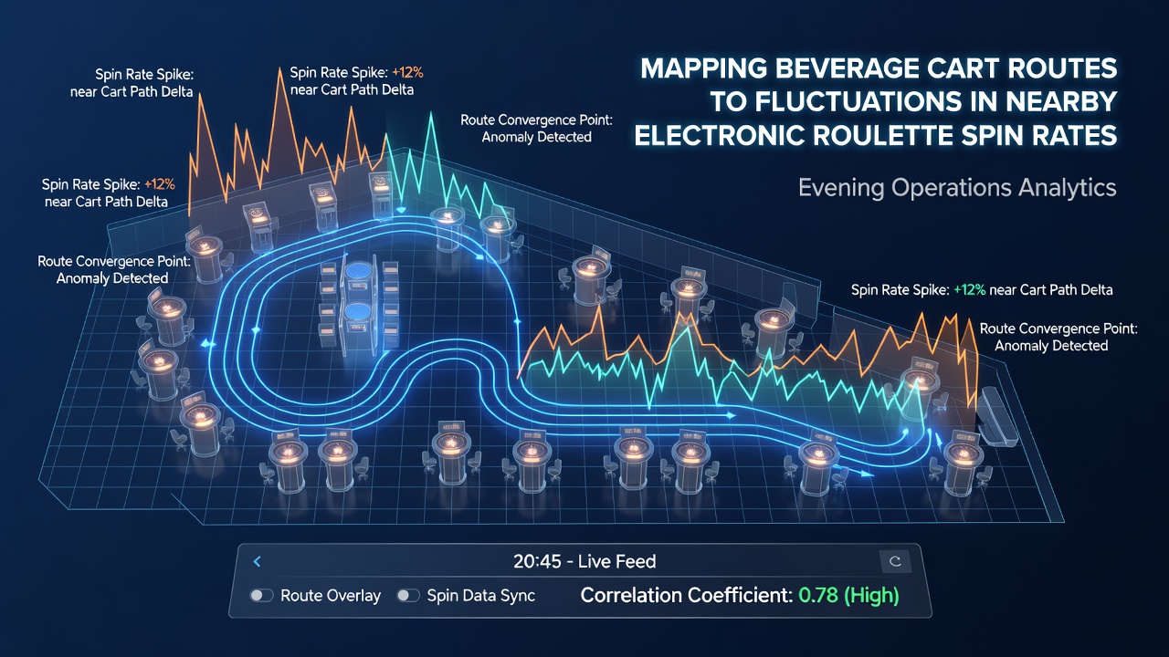 Casino floor layout showing beverage cart paths intersecting electronic roulette stations during peak evening hours