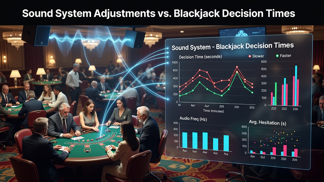 Casino floor with sound system equipment positioned near blackjack tables during a live event setup