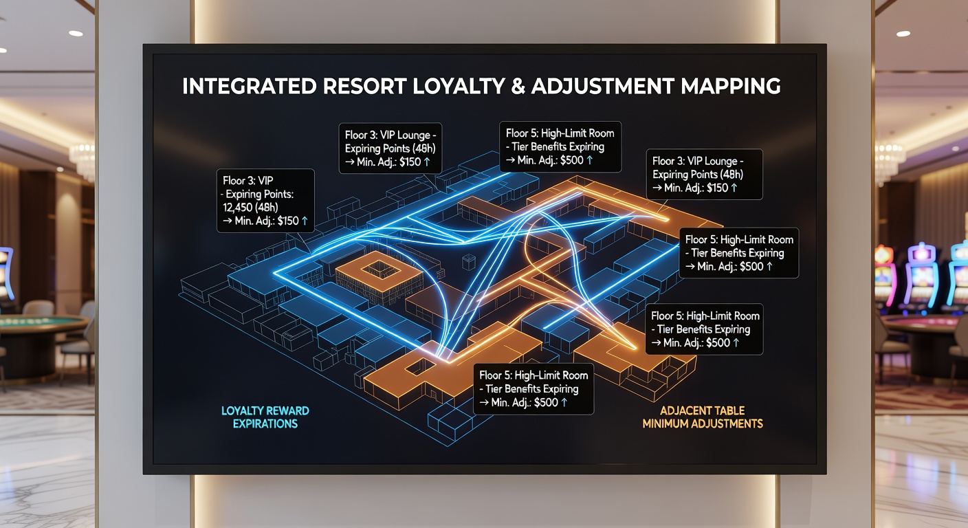 Integrated resort casino floor showing slot machines and table games with digital loyalty displays overhead