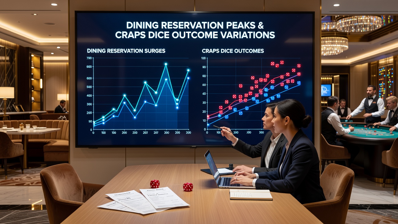View of a bustling integrated resort dining area next to a lively craps table floor during peak reservation hours
