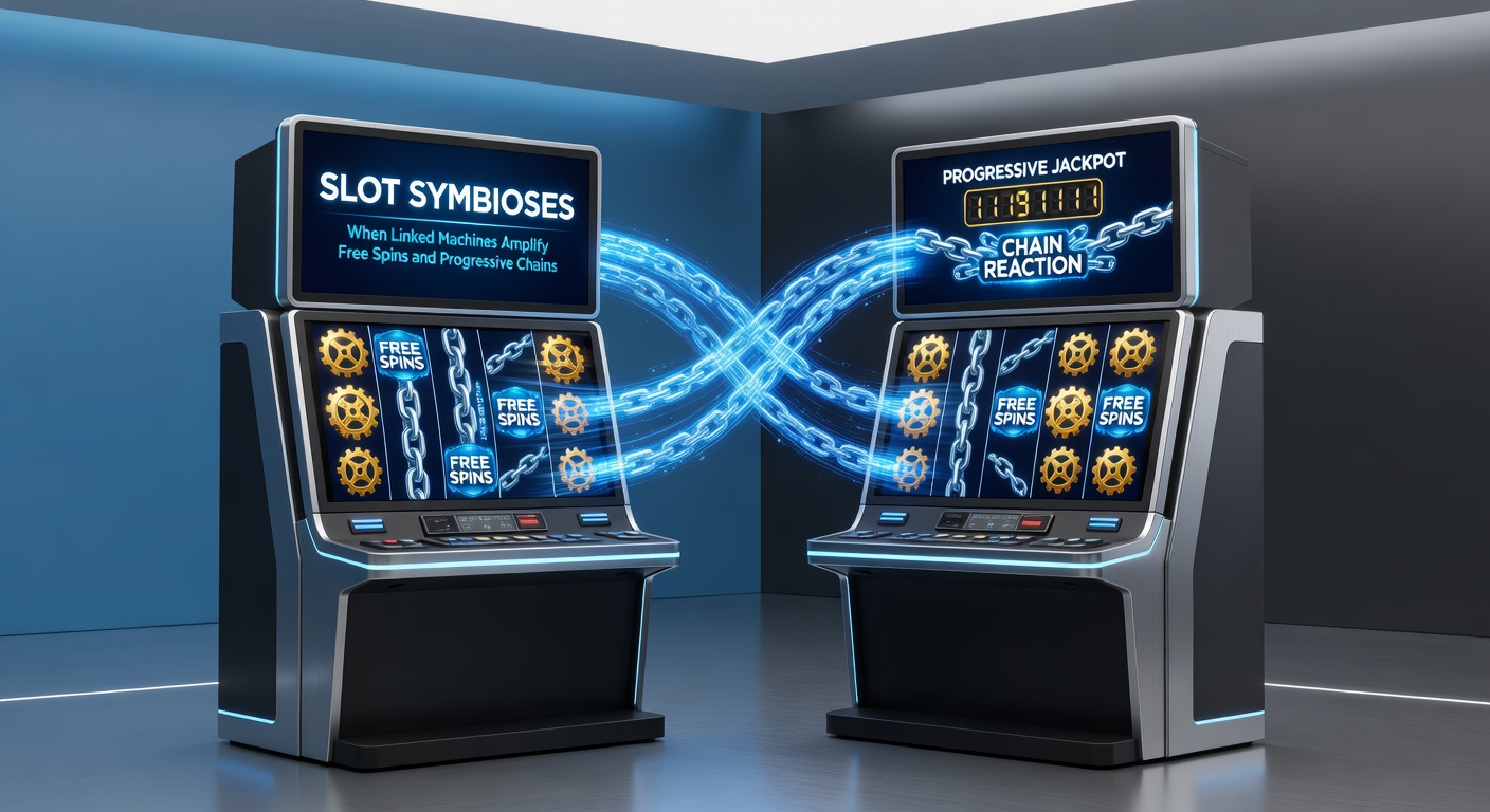 A bank of glowing slot machines linked together, lights flashing in unison as symbols align across screens, illustrating symbiotic bonus triggers