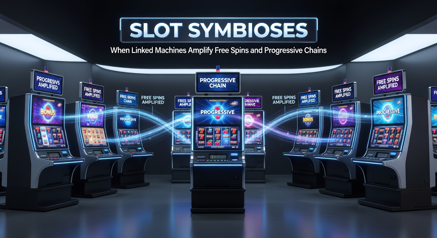 Close-up of slot screens syncing during a free spins bonus, coins cascading across linked displays with progressive meters climbing rapidly