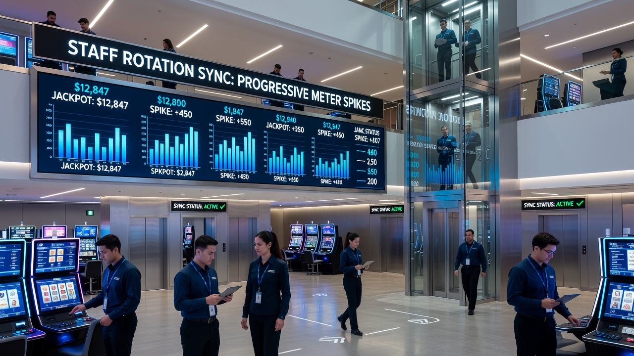 Progressive jackpot meters displayed on screens above slot banks as staff complete shift transitions