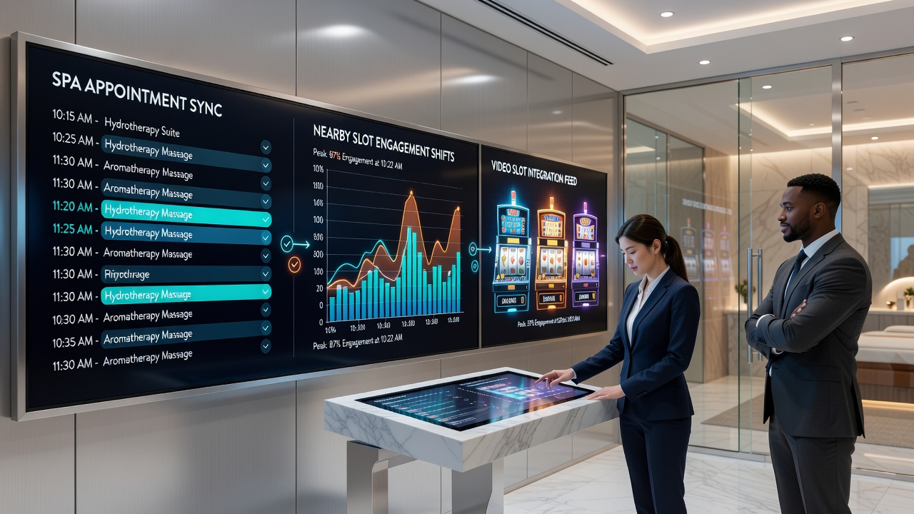 Spa reception area with digital displays showing real-time slot engagement metrics