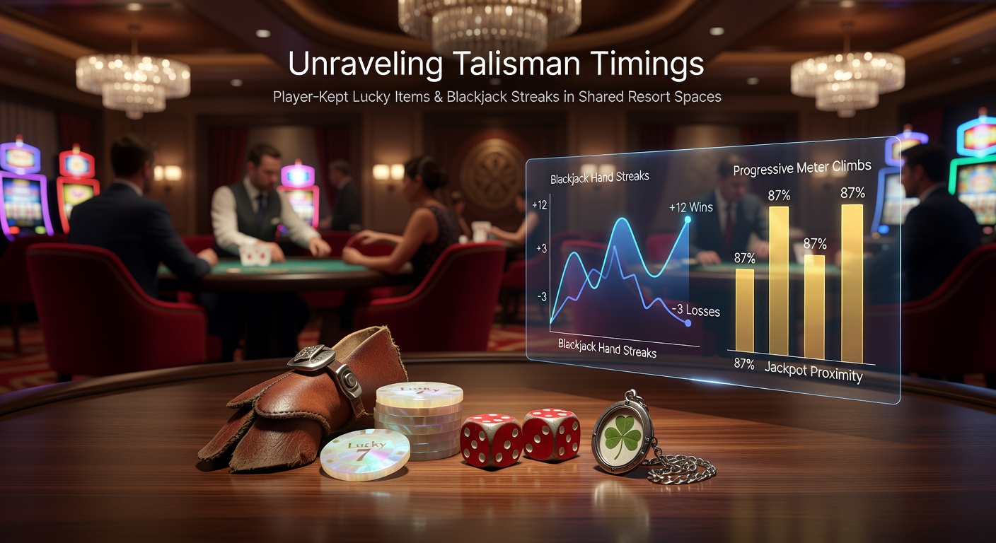 Casino players displaying personal talismans near blackjack tables amid progressive jackpot displays